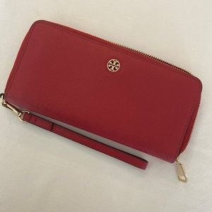 Tory Burch Continental Red Leather Zipper Wallet